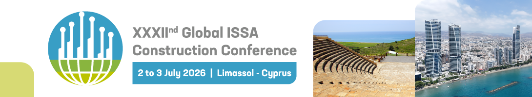 Header banner for the conference: XXXIInd Global ISSA Construction Conference. This goes from 2 July 2026 to 3 July 2026.